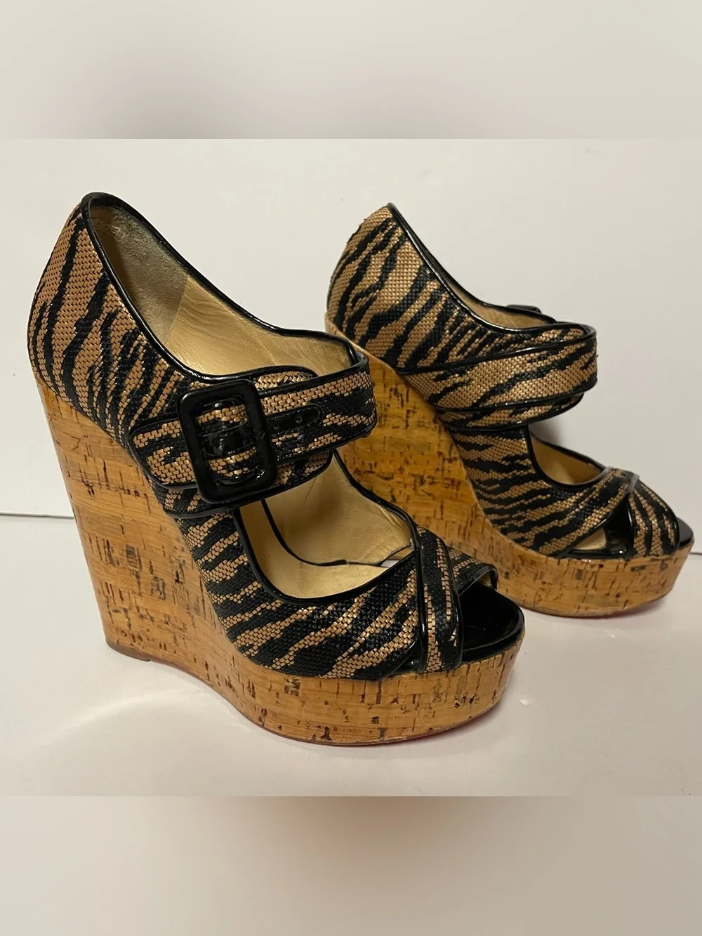Christian Louboutin Black and Tan Zebra Cork Wedge Mary Jane Pumps 36